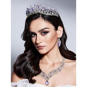 NEW Sparkling Bling Crystal Rhinestone Wedding Tiara Necklace Set Lavend…